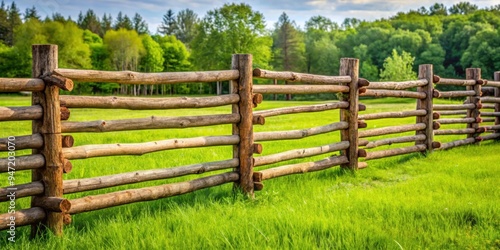 Wooden fence made of logs surrounded by lush green grass, wood, fence, logs, grass, natural, rustic, outdoors, boundary, barrier