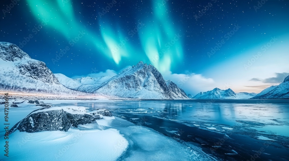 Northern lights over the snowy mountains, frozen sea, reflection in ...