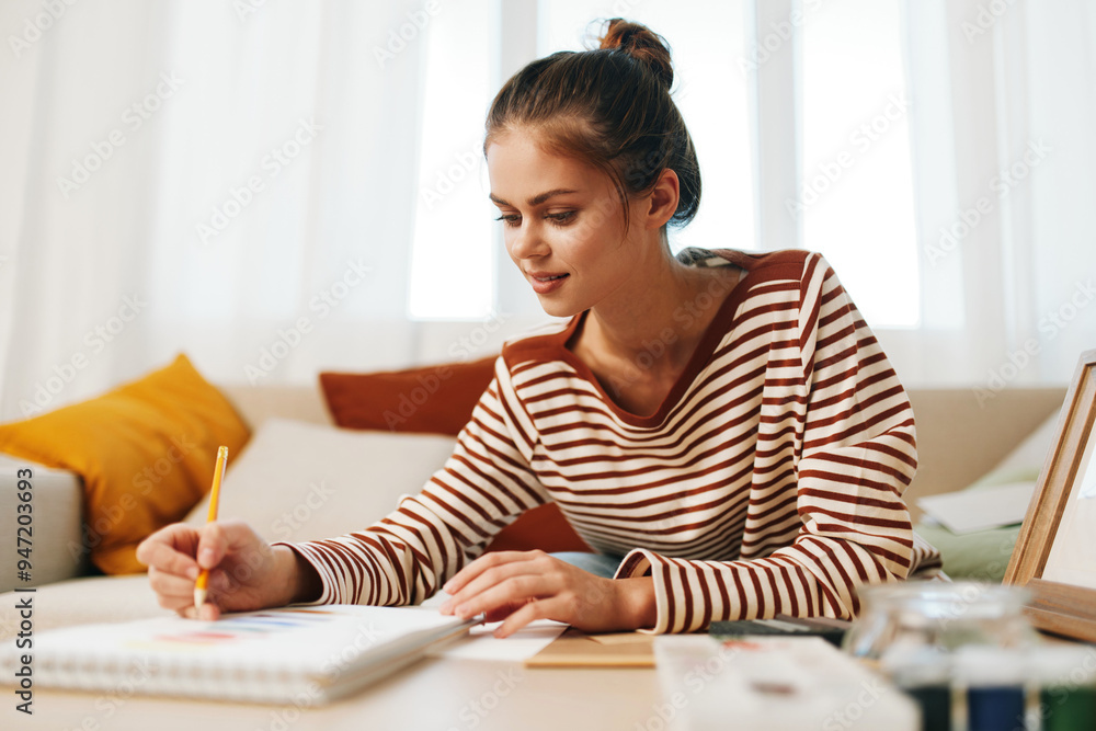 Cute Indoor Artist: Happy Teenage Girl Painting Hobby at Home Cute Indoor Artist: Happy Teenage Girl Painting Hobby at Home