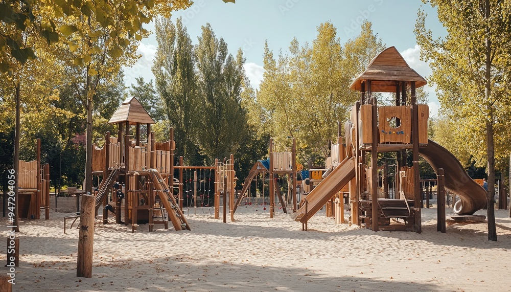 Wooden Playground with Slides and Climbing Frames in a Sunny Park Wooden Playground with Slides and Climbing Frames in a Sunny Park
