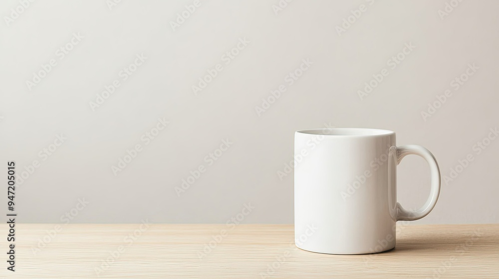 White Coffee Mug on Wooden Table with Copy Space White Coffee Mug on Wooden Table with Copy Space