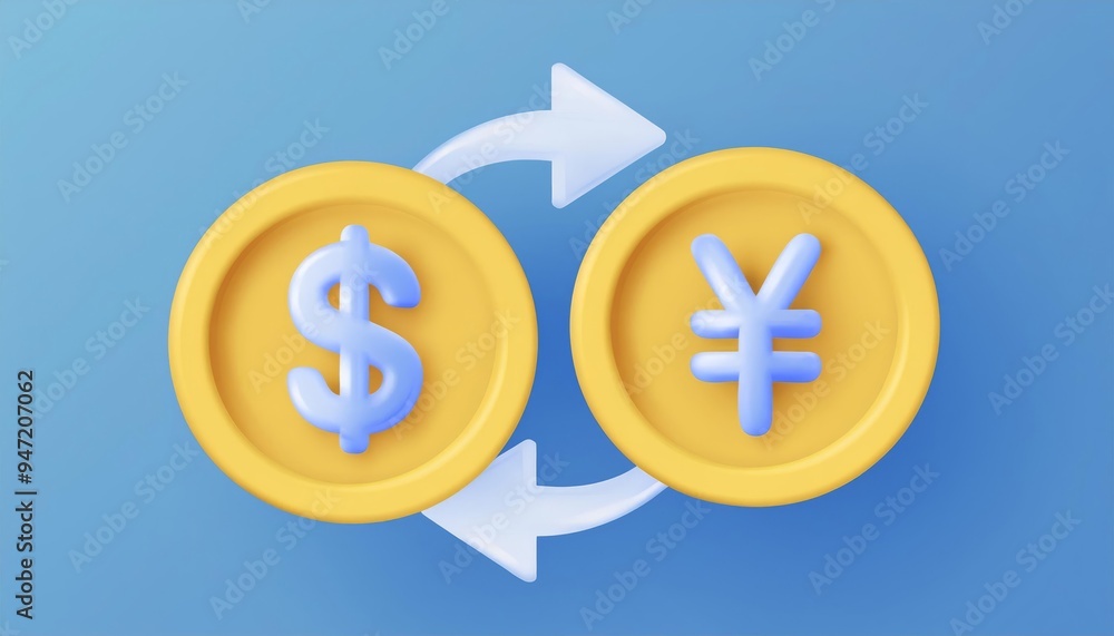 Illustration of currency exchange between dollar and yen coins on a blue background, symbolizing global finance and trade. Illustration of currency exchange between dollar and yen coins on a blue background, symbolizing global finance and trade.