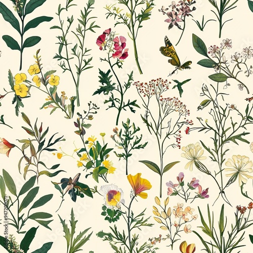 Seamless pattern of botanical diagrams from vintage field guides