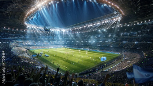 A Crowd Cheers On a Soccer Match in a Stadium at Night