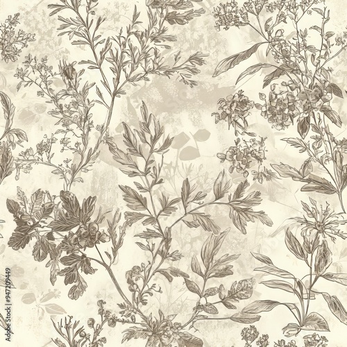 Seamless pattern of botanical etchings in muted sepia tones