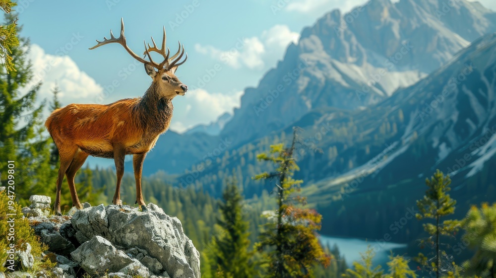 Majestic Red Deer Buck on Mountain Peak with a View of a Lake Majestic Red Deer Buck on Mountain Peak with a View of a Lake