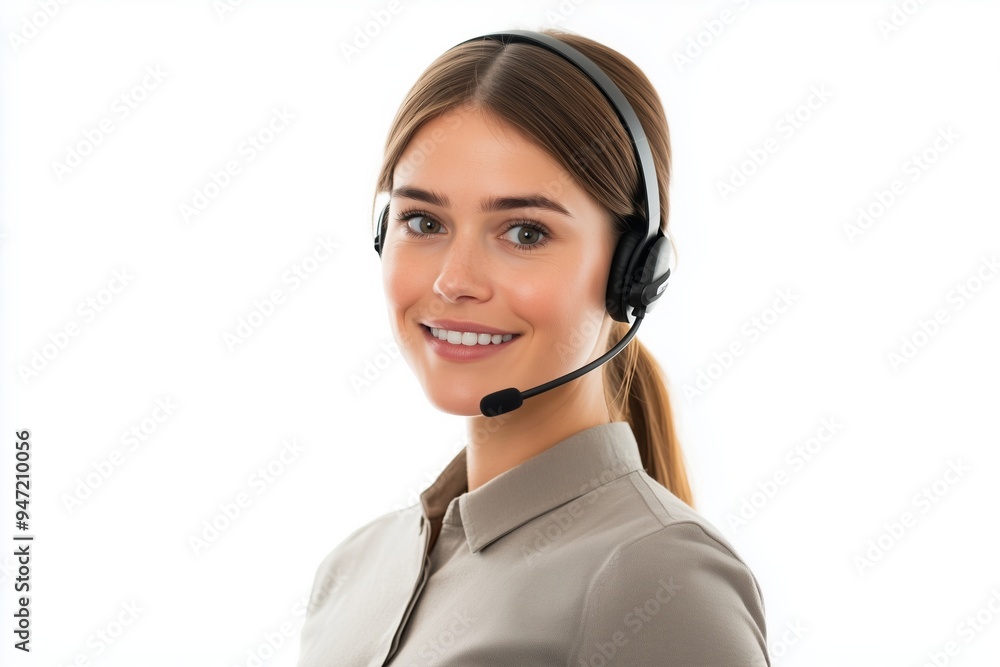 Happy smiling woman wearing headset and looking at camera Happy smiling woman wearing headset and looking at camera