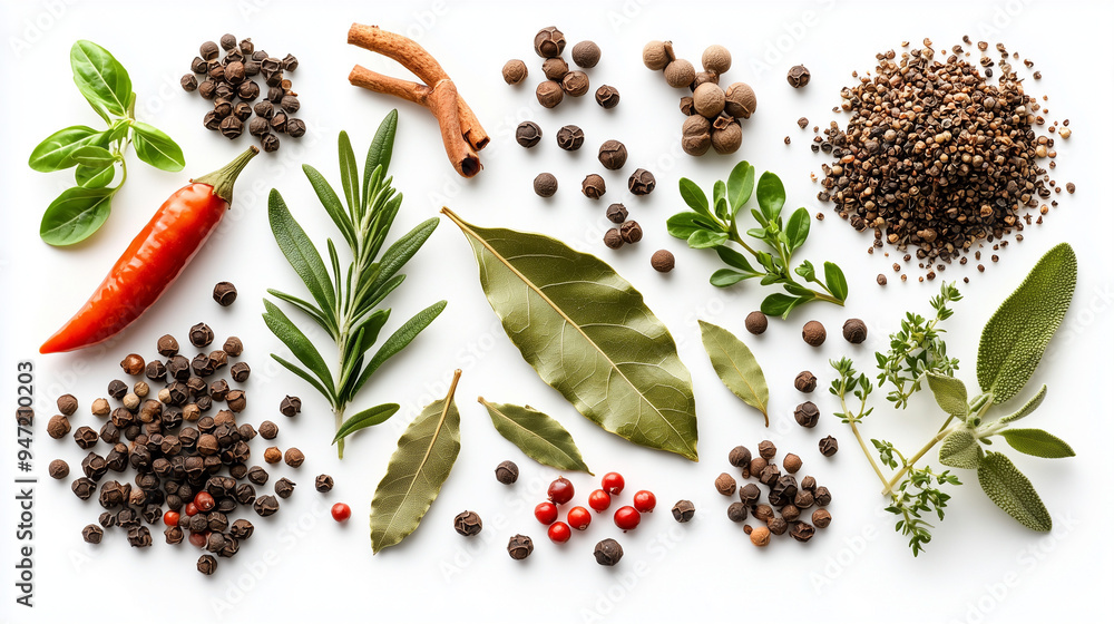 An overhead view of a variety of herbs and spices, such as bay leaves, peppercorns, and cloves, scattered across a white background