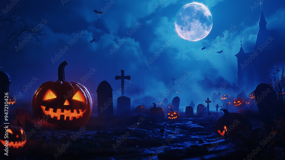 Haunted House and Evil Pumpkin Halloween Background in 3D Render - Spooky Dark Night Forest for Holiday Event Banners and Seasonal Designs Haunted House and Evil Pumpkin Halloween Background in 3D Render - Spooky Dark Night Forest for Holiday Event Banners and Seasonal Designs