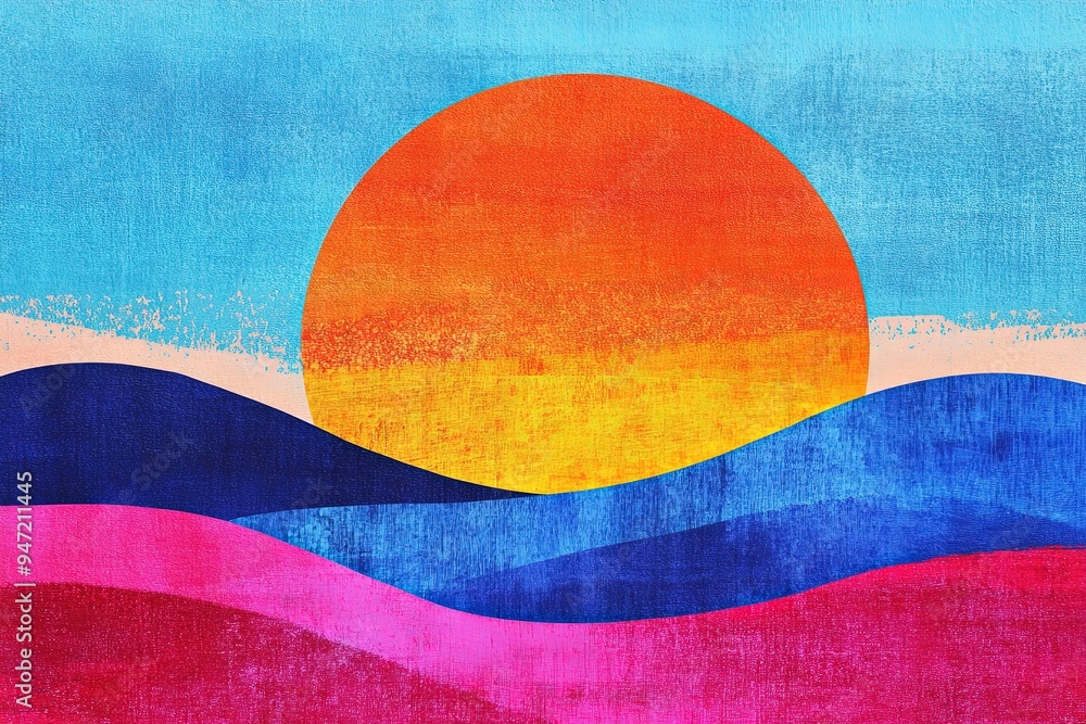 Abstract Sunset Over Colorful Landscape Painting Abstract Sunset Over Colorful Landscape Painting