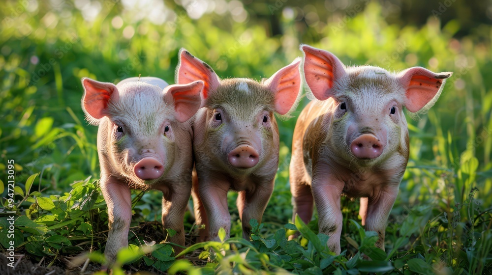 Three Cute Piglets in a Lush Meadow Three Cute Piglets in a Lush Meadow