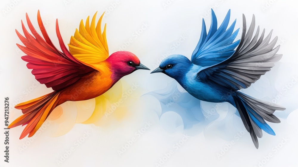 Two mirrored birds in flight, one side in vibrant colors and the other in monochrome, with a sky background Two mirrored birds in flight, one side in vibrant colors and the other in monochrome, with a sky background