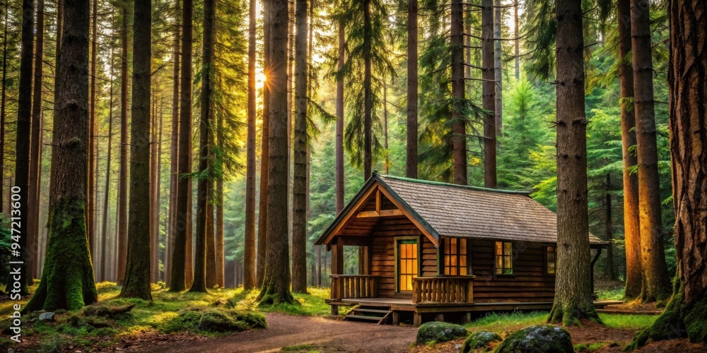 Cozy cabin nestled in the forest surrounded by tall trees, woods, nature, cabin, house, solitude, peaceful, tranquil Cozy cabin nestled in the forest surrounded by tall trees, woods, nature, cabin, house, solitude, peaceful, tranquil