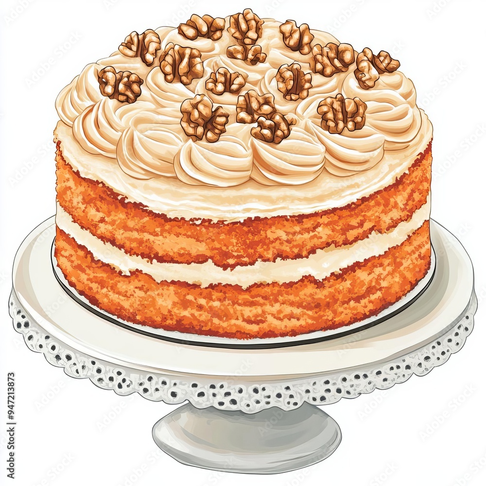 Carrot cake, topped with walnuts, natural tones, flat design illustration Carrot cake, topped with walnuts, natural tones, flat design illustration