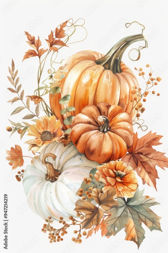 Fototapeta premium Watercolor illustration of pumpkins and fall foliage