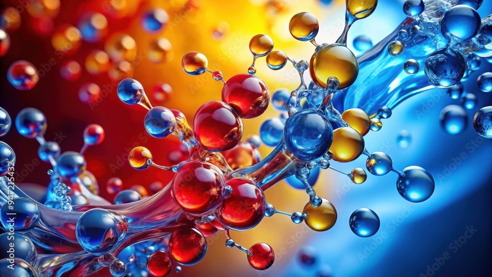 Water molecules in red, yellow, and blue colors merging together, merge ...