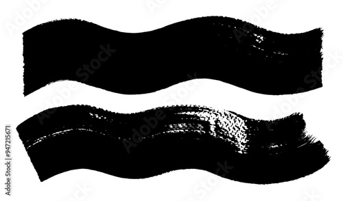 Thick waves brush stroke set. Wavy line vector ink brush strokes. Black hand drawn Asian calligraphic waves, squiggles, smears. Chinese, Japanese calligraphy lines. Wide wiggly ink textured flow lines