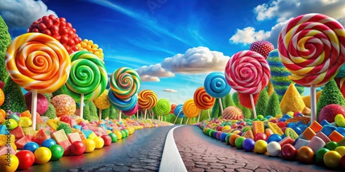 Colorful candy land with a road lined with lollipops and gummy bears , candy, colorful, sweets, whimsical, fun, road photo