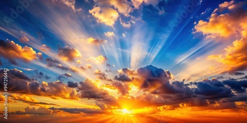 Vibrant sky sunset background with clouds and sun rays , sunset, sky, clouds, sun, dusk, twilight, colorful, vibrant, nature