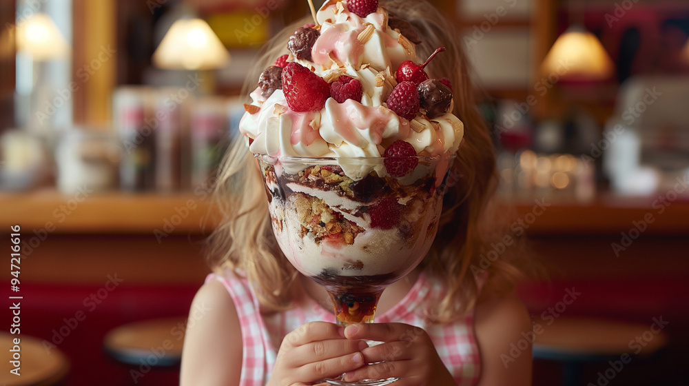 Obraz premium Child obscured by large ice cream sundae topped with berries.