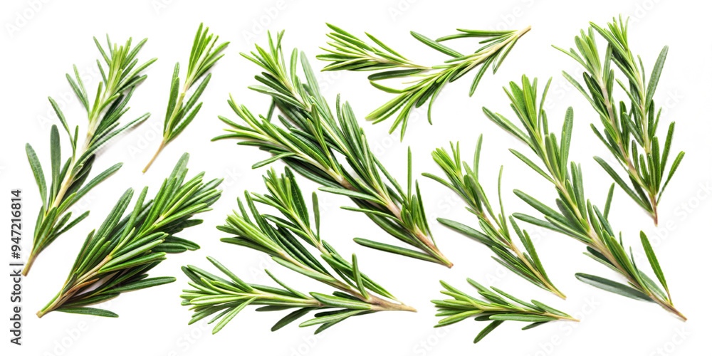 Fototapeta premium Collection of Rosemary twig and green leaves for garnish food menu isolated on background, flat lay of fresh vegetable herb.