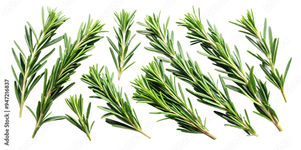 Fototapeta premium Collection of Rosemary twig and green leaves for garnish food menu isolated on background, flat lay of fresh vegetable herb.