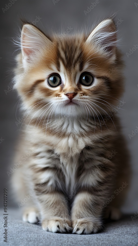 Adorable tabby kitten with big blue eyes and fluffy fur sits attentively, exuding charm and innocence in a heartwarming portrait. Adorable tabby kitten with big blue eyes and fluffy fur sits attentively, exuding charm and innocence in a heartwarming portrait.