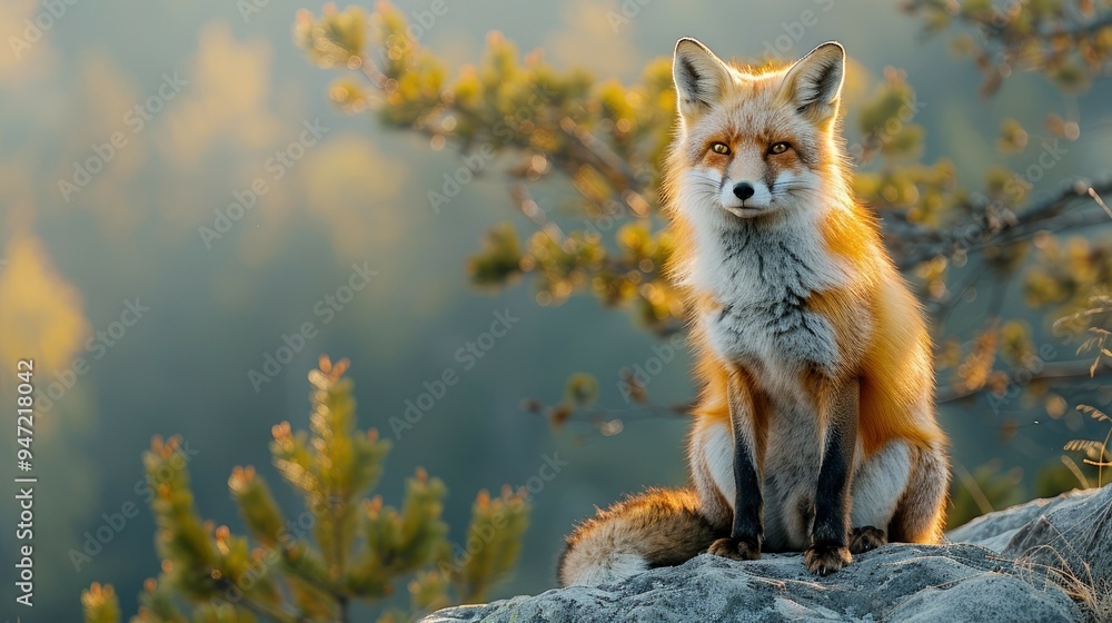 Red Fox Sitting on a Rock in the Forest Red Fox Sitting on a Rock in the Forest