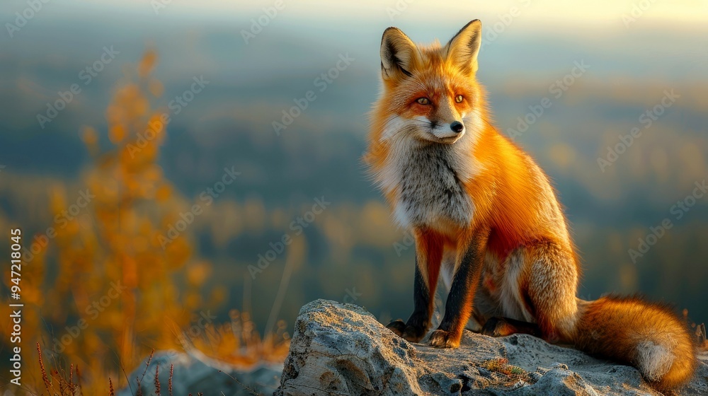 Red Fox Sitting on a Rock with Blurry Forest Background Red Fox Sitting on a Rock with Blurry Forest Background