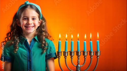 Little girl with Hanukkah candelabra on colorful background photo