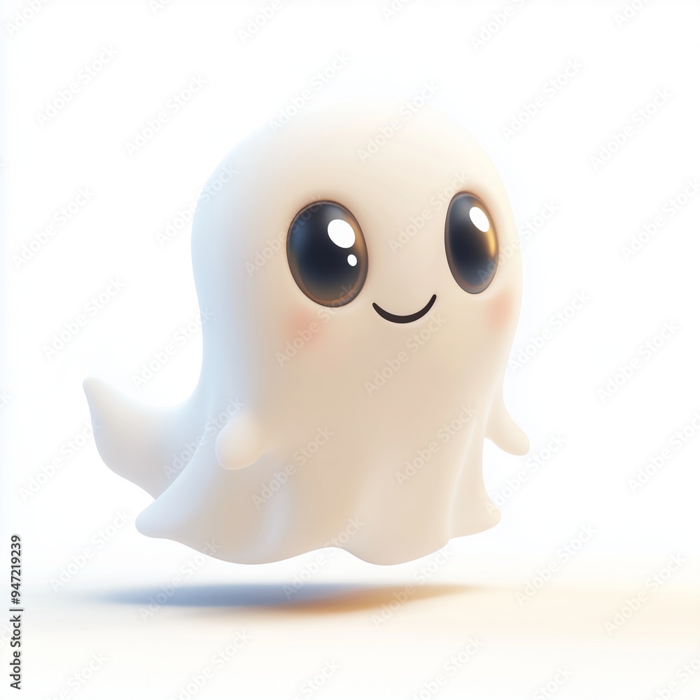 Cute Cartoon Ghost Smiling with Large Innocent Eyes, Floating on White Background, Soft Rounded Edges, Gentle Shading, Minimal Details Cute Cartoon Ghost Smiling with Large Innocent Eyes, Floating on White Background, Soft Rounded Edges, Gentle Shading, Minimal Details