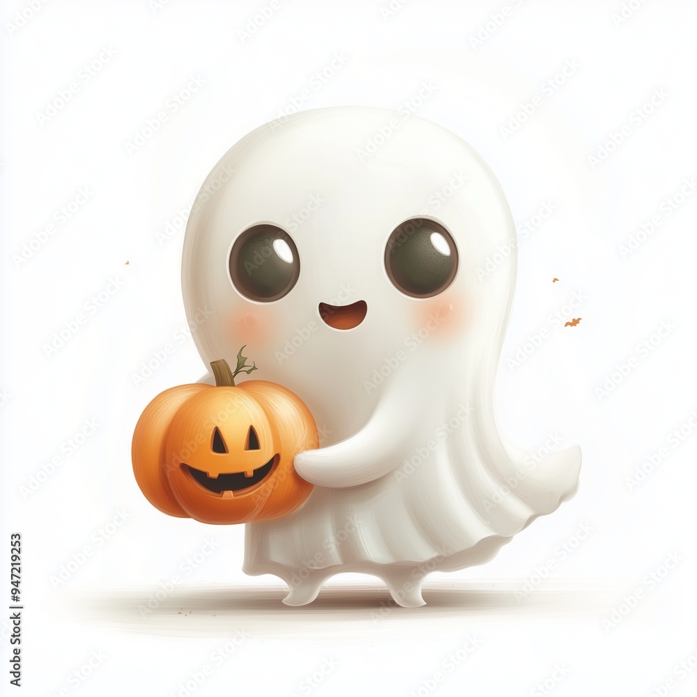 A cute cartoon ghost, holding a small pumpkin, cheerful face with blushing cheeks, centered on a white background. Subtle textures, bright highlights, playful design, hd quality, natural look A cute cartoon ghost, holding a small pumpkin, cheerful face with blushing cheeks, centered on a white background. Subtle textures, bright highlights, playful design, hd quality, natural look