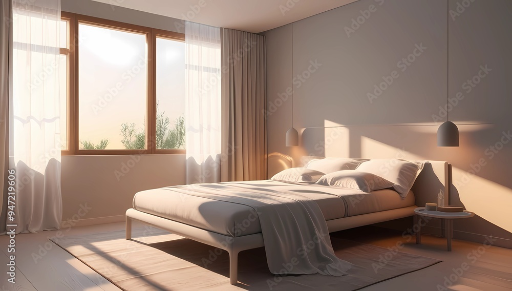 Fototapeta premium Minimalist bedroom with a low-profile bed and a single decorative element.