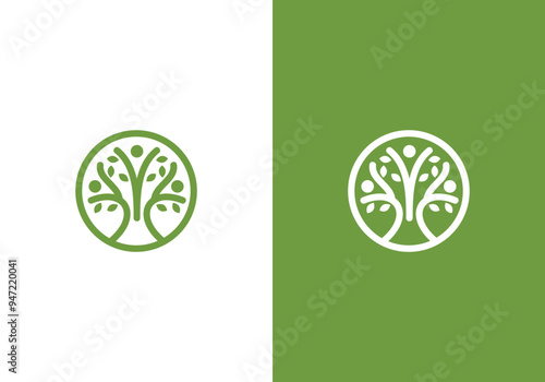 line art nature logo vector design of tree and man or person inside circle, abstract tree logo symbol inside circle	