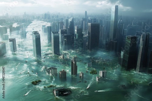 Show a coastal city with parts of the land submerged due to rising sea levels, including flooded streets and buildings. 