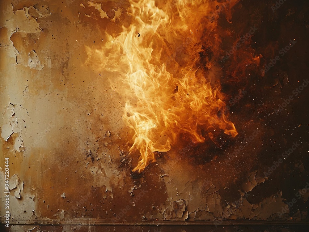 A fiery blaze erupts against a peeling, beige wall. The flames are bright orange and yellow and engulf the space with heat. A fiery blaze erupts against a peeling, beige wall. The flames are bright orange and yellow and engulf the space with heat.