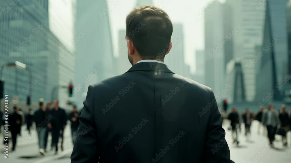 Caucasian businessman in a formal suit against the backdrop of skyscrapers in the business district. Back view. With skyscrapers looming, he represents ambition and determination in the city. Caucasian businessman in a formal suit against the backdrop of skyscrapers in the business district. Back view. With skyscrapers looming, he represents ambition and determination in the city.