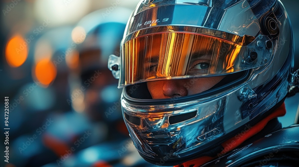 Close-up Portrait of a Racer in a Shiny Helmet Close-up Portrait of a Racer in a Shiny Helmet