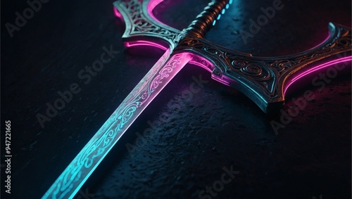 Abstract neon light Cyborg sword wallpaper, fiction art glowing space background