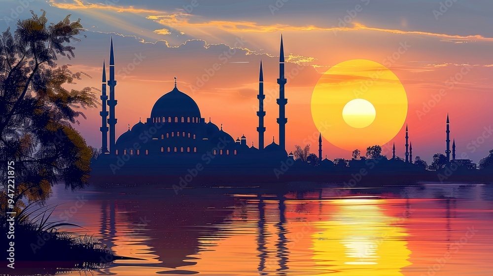 Fototapeta premium Silhouette of a Mosque at Sunset with a Reflection in the Water