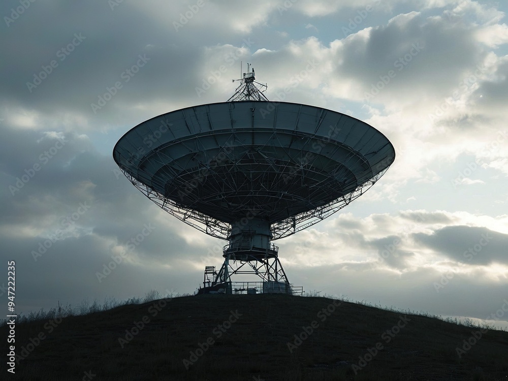 A large satellite dish stands on a grassy hill against a cloudy sky. A large satellite dish stands on a grassy hill against a cloudy sky.