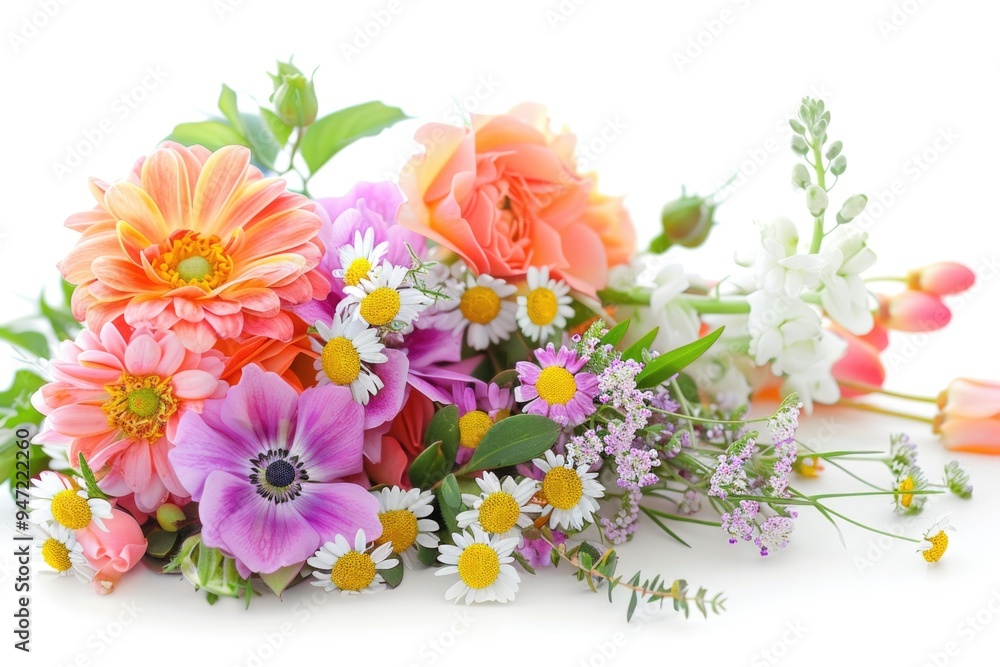 Bright and vibrant flowers arranged on a clean white background Bright and vibrant flowers arranged on a clean white background