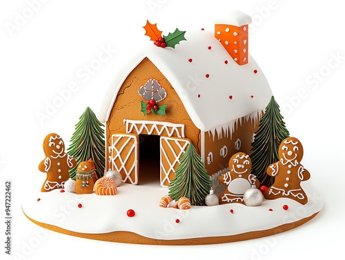 A Christmas farm clipart, gingerbread house barn with snow and decorations, whimsical style, isolated on white background photo