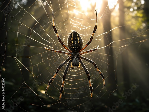 A large spider sits in the center of its web, with sunlight shining through the strands and trees in the background.
