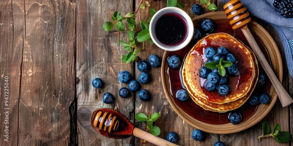 Homemade pancakes drizzled with honey and topped with blueberry jam on a rustic wooden table Homemade pancakes drizzled with honey and topped with blueberry jam on a rustic wooden table