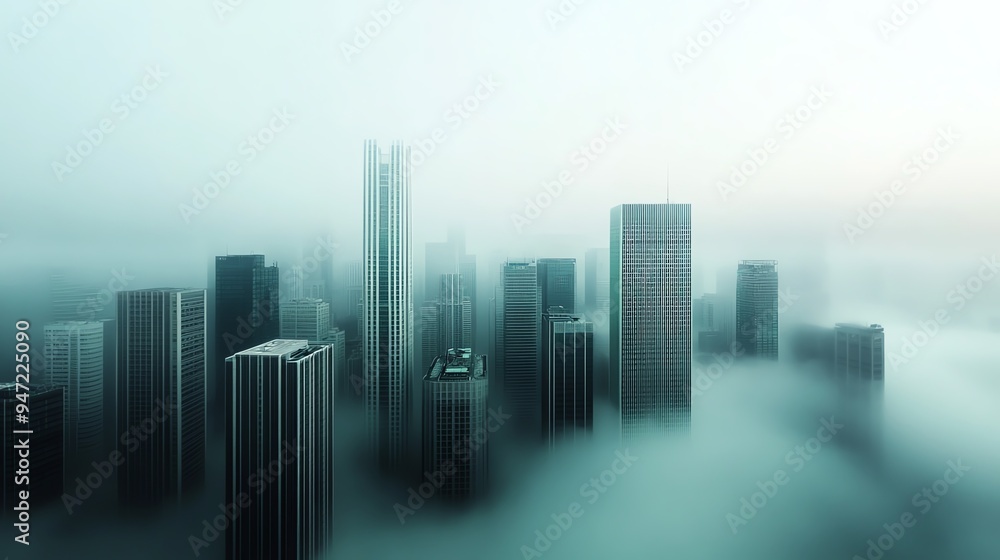 Aerial view of a foggy cityscape with skyscrapers emerging from thick clouds, creating a serene and mysterious atmosphere at dawn. Aerial view of a foggy cityscape with skyscrapers emerging from thick clouds, creating a serene and mysterious atmosphere at dawn.