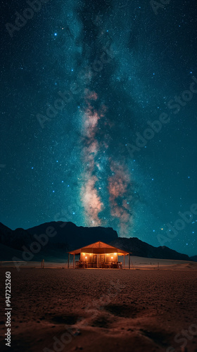 Luxurious desert camp under a starry Milky Way night sky.