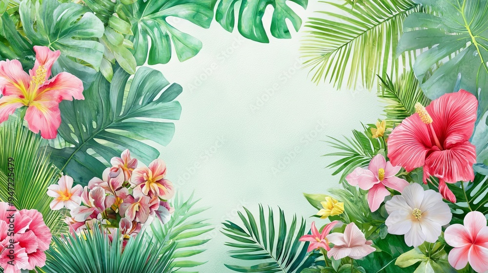 Tropical jungle, lush greens and exotic flowers, rich watercolor background Tropical jungle, lush greens and exotic flowers, rich watercolor background