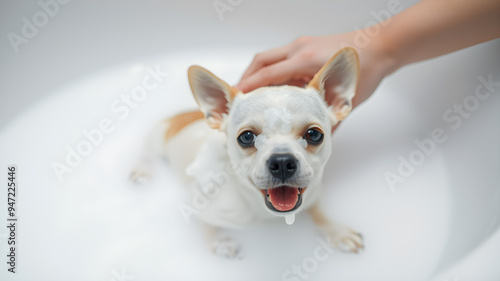 Wallpaper Mural Small dog being washed in bath tube full of foam. Generative AI Torontodigital.ca