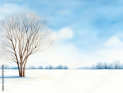 Winter landscape, snowy fields with pale blue hues, watercolor background